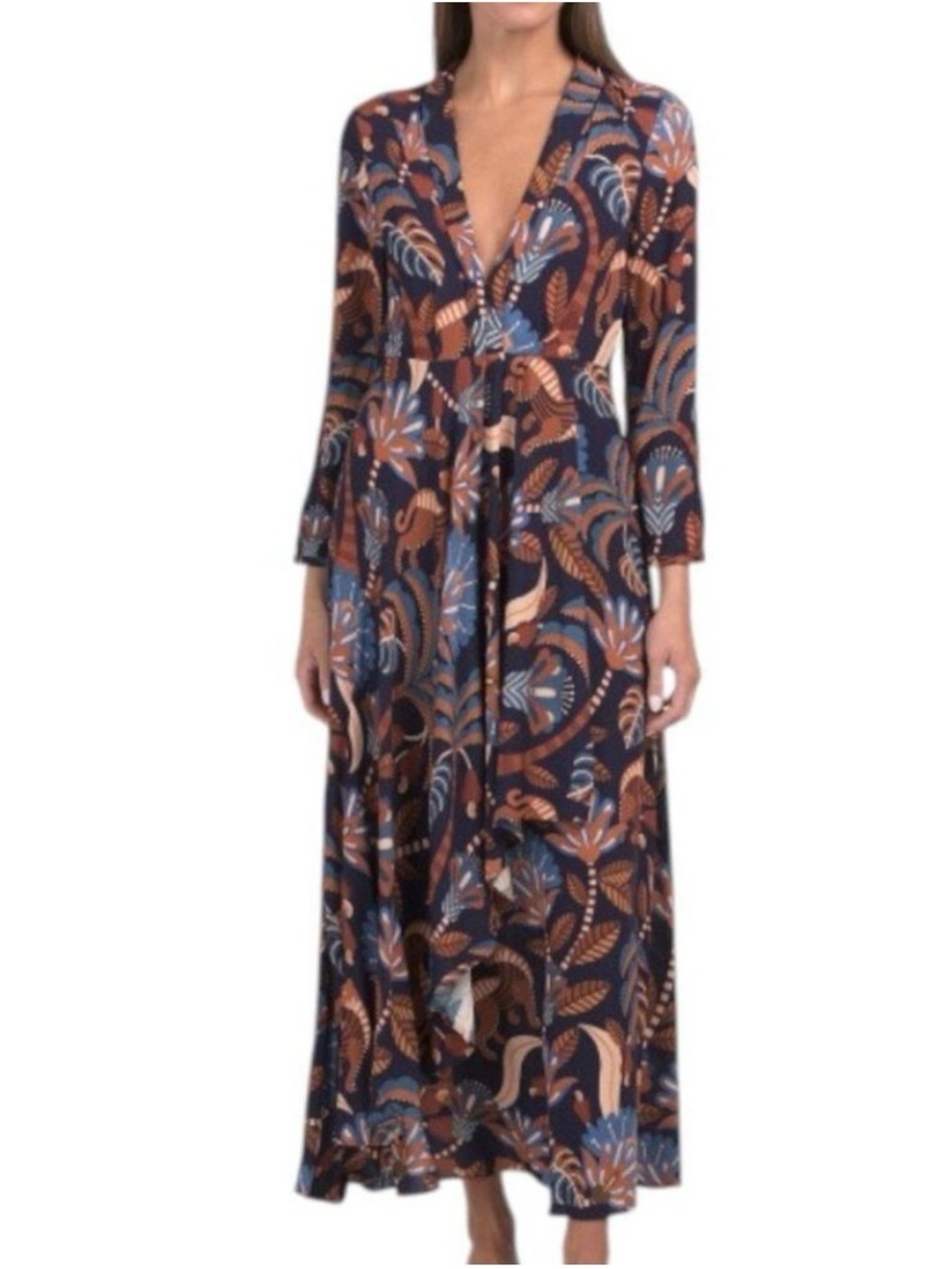 Farm Rio Nature Beauty Blue Long Sleeve Neckline Maxi Dress Woman’s Small $220